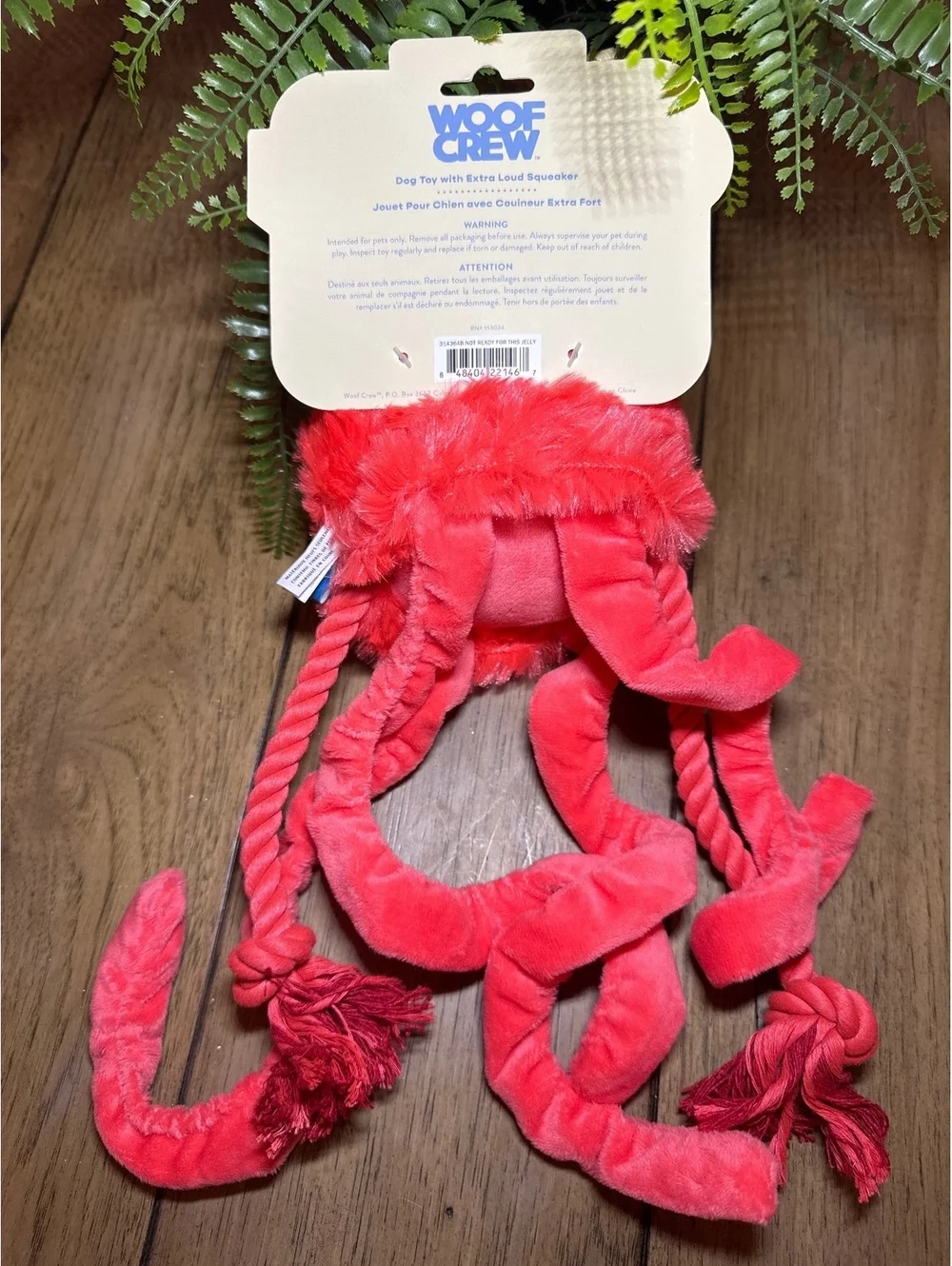 Woof Crew Octopus Dog Toy – coral color,Squeaky, Crinkle & Tug Rope | SKU 379